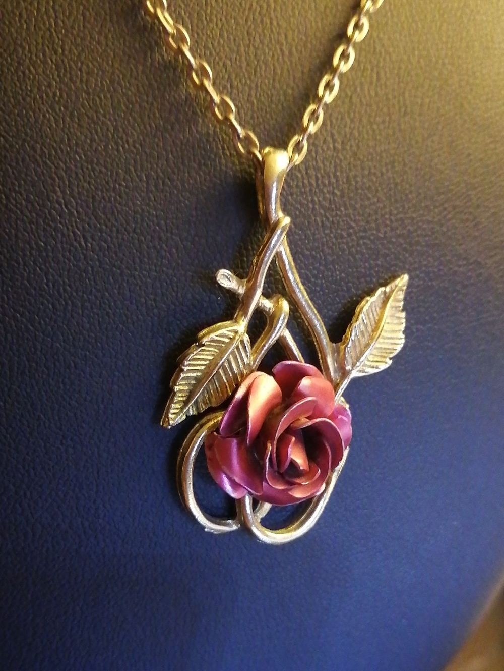 Vintage Metallic Red Rose Pendant On 24" Long Chain Necklace